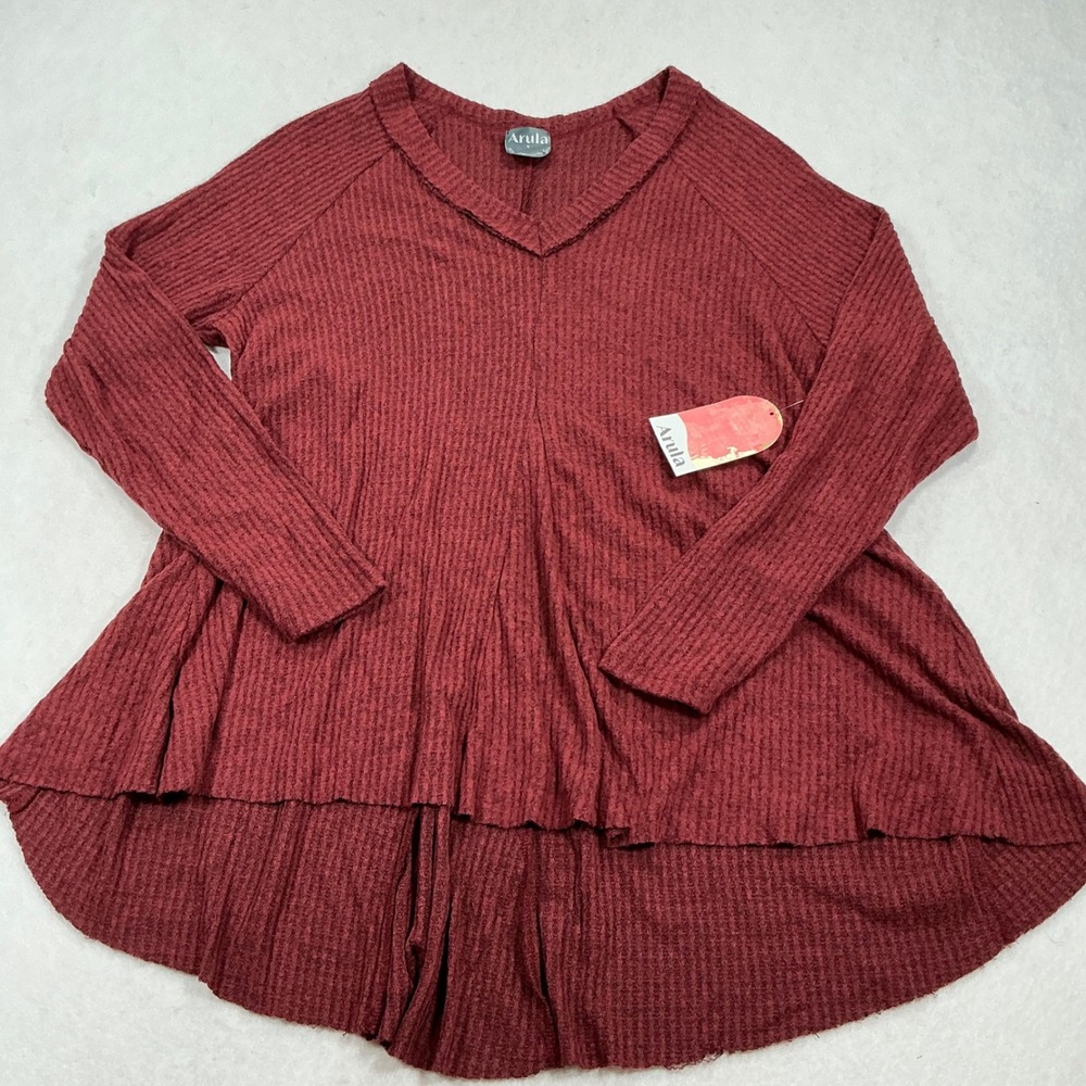 Arula Xquisite Apple Butter Waffle Knit High Low V-Neck Top Burgundy XL NWT